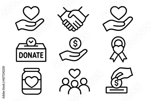 Charity and donation outline icon set. Volunteering, giving money, and support symbols. Vector line art collection of heart, hands, donation box, and aid concepts.