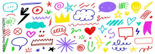 Colorful Hand-Drawn Doodle Elements: Speech Bubbles, Stars, and More