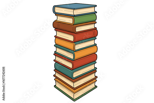 Vector cartoon illustration of a tall stack of colorful books. Pile of textbooks for education, school, and university. Concept for library, knowledge, learning, literature, and study.