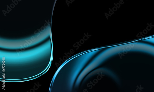 Fototapeta Naklejka Na Ścianę i Meble -  iridescent glass shape, 3D render, Abstract 3D render of sleek, flowing glass waves with cool blue light reflections on a black background.
