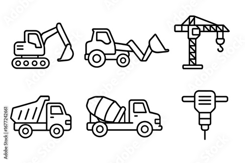 Construction machinery line icon set. Heavy equipment collection with excavator, crane, loader, dump truck, cement mixer, jackhammer. Vector outline symbols for building industry.