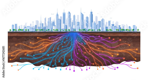 Smart City Digital Network Infrastructure Vector: Urban Connectivity & Data Flow Below Ground. Modern Tech Urbanism Illustration.