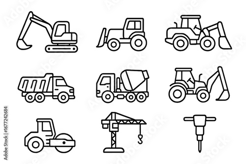 Construction machinery line icon set. Heavy equipment, industrial vehicles and building tools. Excavator, crane, truck, bulldozer outline pictogram collection. Vector symbols.
