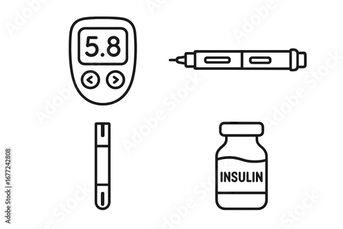 Diabetes management outline icon set. Blood glucose meter, insulin pen, test strip, and vial. Vector illustration for diabetic self-care, health monitoring, glycemia test and treatment.