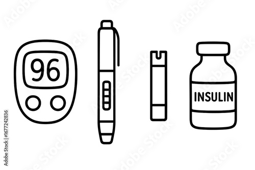 Diabetes management outline icon set. Blood glucose meter, insulin pen, test strip, and vial. Vector line art for medical, health, and blood sugar monitoring concepts.