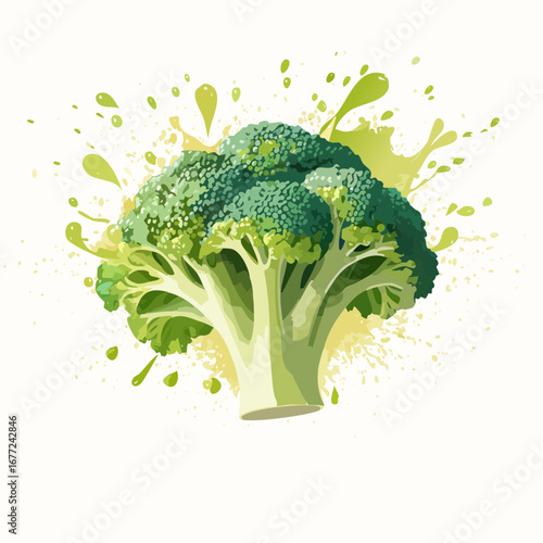 Fresh Green Broccoli with Paint Splatter Illustration