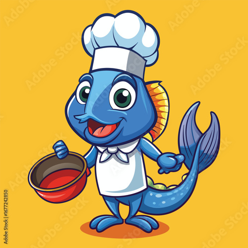Cartoon-style catfish acting as a cook with a frying pan