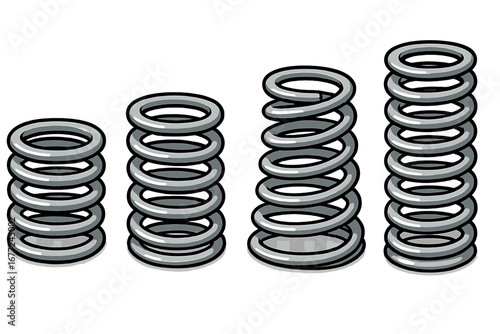 Metal spring coil icon set. Vector cartoon illustration showing growth, progress, or stages. Industrial steel equipment for suspension, pressure, rebound, and flexibility.