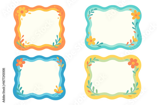 Colorful flat vector illustrations of decorative frames with wavy designs and floral patterns. Cute cartoon name tags, labels, stickers for kids creative projects.
