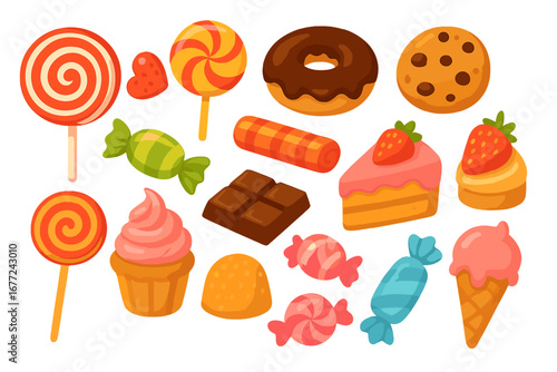 Candy and dessert vector set. Cartoon sweets collection with lollipop, donut, cupcake, cake, ice cream, chocolate, and cookie. Flat food illustration for sweet shop or bakery.