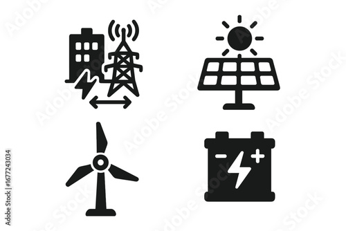 Energy management icons. Renewable green power concept. Smart grid, solar panel, wind turbine, battery storage. Electricity generation symbol. Solid glyph pictogram set vector.