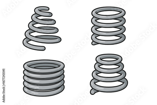 Set of metal springs vector cartoon illustration. Steel coil icon collection. Mechanical, industrial engineering part. Flexibility, resilience, pressure, power, energy concept.