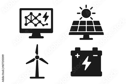 Energy management icon set. Smart grid, solar panel, wind turbine, and battery storage symbols. Renewable power and electricity concept. Solid glyph vector illustration design.