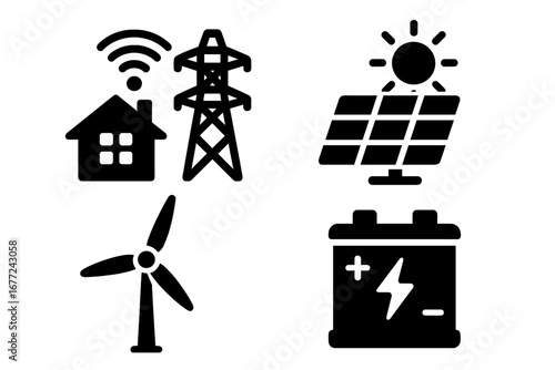 Energy management icon set. Solid glyph icons for smart grid, solar panel, wind turbine, power line, and battery storage. Renewable and sustainable green energy concept vector.