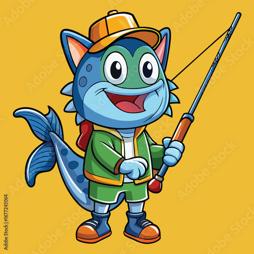 Cartoon-style catfish acting as a cook with a frying pan