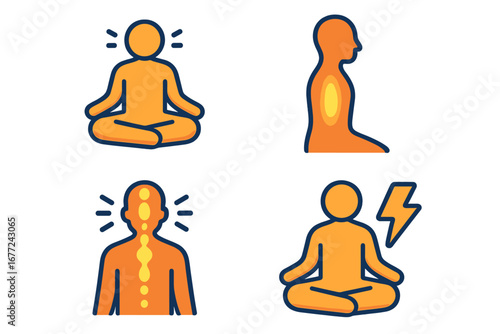 Energy meditation and yoga icon set. Vector illustrations of lotus pose, spiritual healing, and chakra alignment. Mindfulness, aura, and straight spine concepts for wellness.