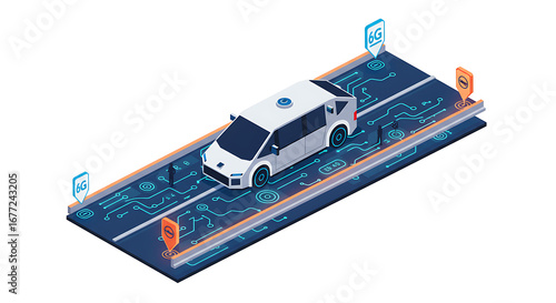 Autonomous Electric Vehicle on Smart Road with 6G Connectivity. Self-Driving Car Technology and Future Transportation Network Infrastructure Isometric Vector.