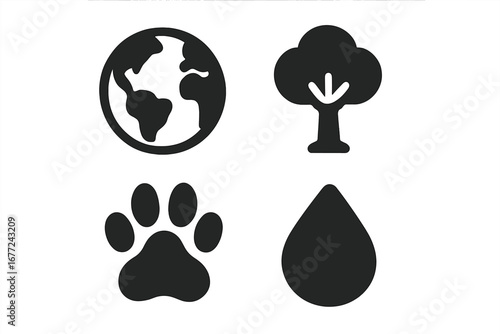 Biodiversity icon set with solid glyphs. Global ecology symbols of earth, tree, animal paw, and water drop. Vector illustration for environment and nature conservation concepts.