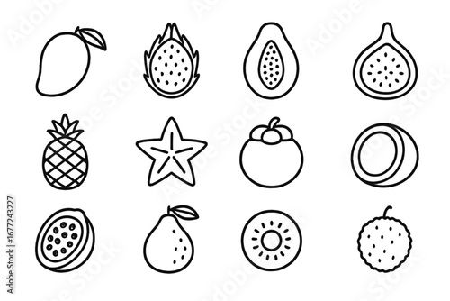 Exotic fruit outline icon set. Tropical fruits collection with mango, pineapple, dragon fruit, papaya, coconut, kiwi. Linear vector illustration for logo, menu, or web design.