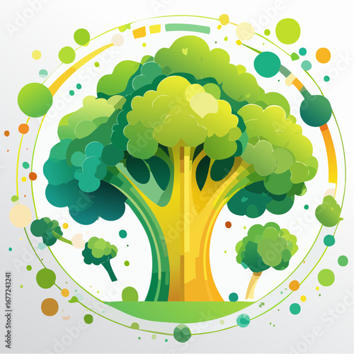 Vibrant Green Broccoli Tree Illustration with Colorful Circles