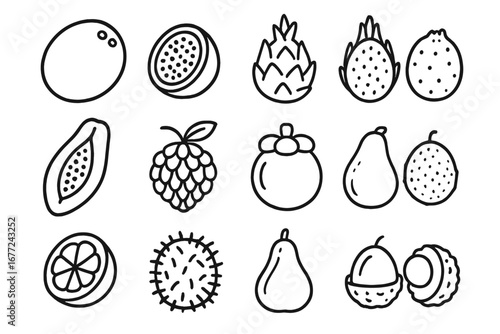 Exotic fruits outline icon set. Tropical food collection in linear style. Vector cartoon illustration. Passion fruit, dragon fruit, papaya, mangosteen, lychee, rambutan, guava.
