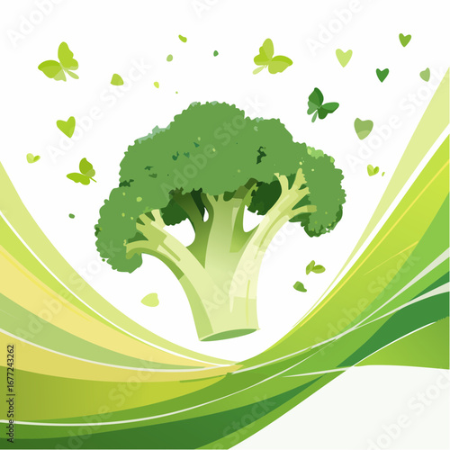 Vibrant Green Broccoli with Butterflies Illustration