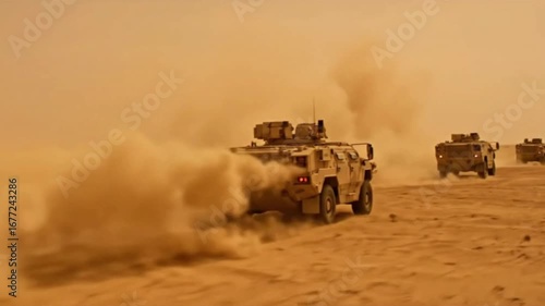 Convoy of Desert Tan Armored Military Vehicles Crossing Dusty Terrain in 4K