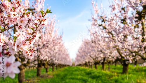 Blooming almond trees in a row