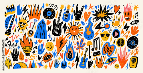 Vibrant Music Festival Doodle Illustration: Guitars, Flames, Sun