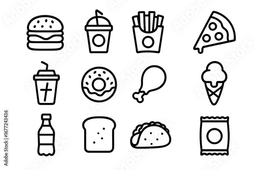 Fast food and drink outline icon set. Burger, pizza, fries, soda, taco, donut, and ice cream icons. Vector line art collection for snack bar or restaurant menu design.