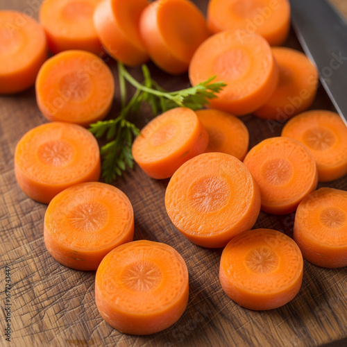 Freshly sliced carrots on a wooden cutting board, ready for cooking