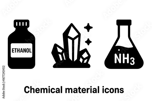 Chemical material solid icons set. Vector raw materials: ethanol bottle, sulfur or mineral crystals, and ammonia flask. Chemistry, science, and industry symbol collection.