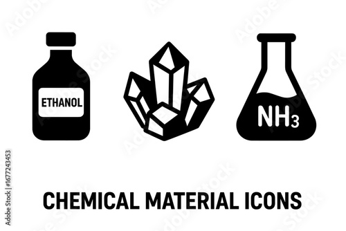 Chemical material icon set. Solid filled glyph icons of raw materials. Ethanol bottle, sulfur or salt crystals, and ammonia flask. Chemistry lab vector illustration symbols.