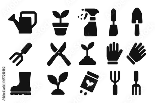 Gardening and plant care solid glyph icon set. Vector collection of garden tools and equipment. Horticulture, farming, and agriculture symbols for web and app design.
