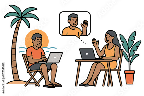 Digital nomads connect online. Man and woman working remotely on laptops. Freelancers on a video call while traveling. Tropical beach destination. Work-life balance concept.