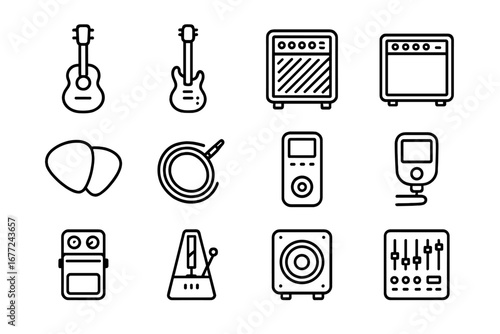 Music equipment line icon set. Guitar, amplifier, tuner, pedal, metronome and speaker vector illustration. Musical instrument and sound gear outline symbols collection.