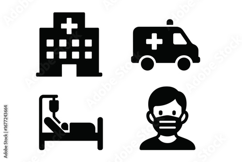 Vector icon set of healthcare measures for pandemic. Includes hospital, ambulance, patient in ICU bed, person with face mask. Medical emergency, clinic, and health symbols.