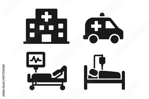Healthcare and medical solid glyph icon set. Pictograms of hospital building, ambulance, emergency ICU bed, and patient treatment. Vector concept for pandemic or virus response.