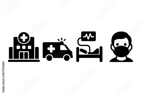 Pandemic healthcare icon set. Solid glyphs of hospital, ambulance, ICU bed, and person in face mask. Medical emergency, hospitalization, and prevention vector symbols.