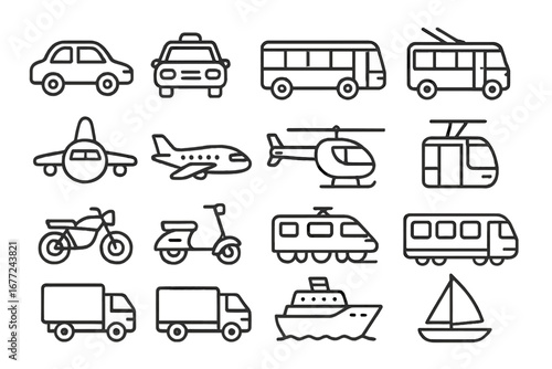 Transport line icon set. Public transportation vehicles symbols. Car, bus, airplane, ship, train, delivery truck. Travel, tourism and logistics vector outline pictograms.