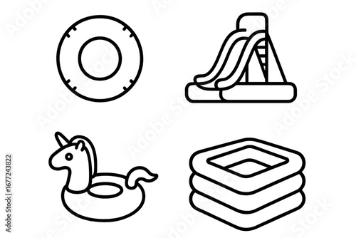 Inflatable water toys line icon set. Summer vacation, pool party elements. Swimming ring, unicorn float, water slide, and inflatable pool vector outline symbols collection.