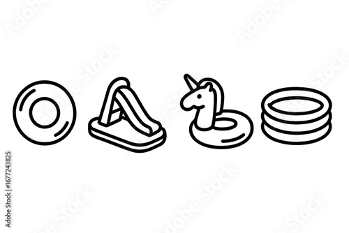 Inflatable water toys icon set. Outline icons of swim ring, water slide, unicorn float, and swimming pool. Vector cartoon illustration for summer, beach, and pool party fun.