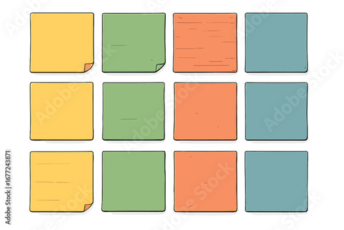 Set of colorful sticky notes. Post-it memo paper collection. Blank reminder stickers for to-do list or message. Office supply stationery vector cartoon illustration with texture.