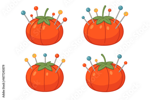 Set of tomato pincushions with colorful sewing pins. Vector cartoon illustration for tailoring, crafting, and haberdashery. Seamstress tool for handmade hobby projects.