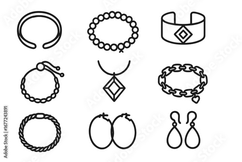 Jewelry icon set. Line art collection of fashion accessories. Vector illustration of bracelets, earrings, necklace, pendant. Outline icons for design, web, and print. Simple luxury.