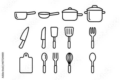 Kitchen utensils line icon set. Cooking and dining tools collection for home chefs. Vector linear illustration of cookware, cutlery, and culinary equipment for food preparation.