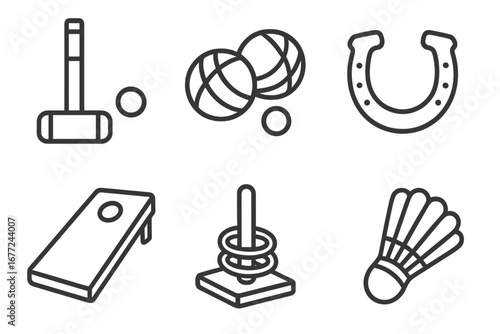 Lawn games line icon set. Vector collection of outdoor summer activities like croquet, bocce, horseshoes, cornhole, ring toss, and badminton. Minimalist backyard fun symbols.