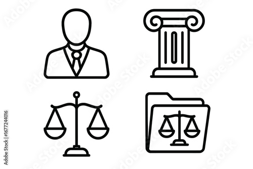 Legal icon set. Outline icons of public defender, attorney, courthouse column, legal scales, case file. Vector illustration for law, justice, court, government, law firm design.
