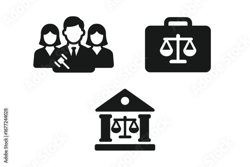 Legal icons set. Solid glyph collection of a lawyer group, attorney team, legal briefcase, and courthouse symbols. Justice, law, court case, and lawsuit vector illustrations.