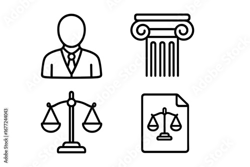 Law and justice vector icon set. Outline icons of lawyer, attorney, judge, courthouse column, and scales. Legal services, legislation, crime, and court case file concept.